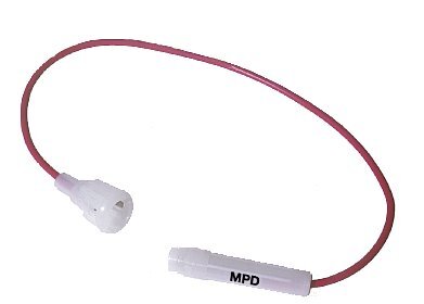 Inline fuse holder — the white cylindrical body sits mid-wire between two short wire segments. The fuse cartridge inside is the part that blows if the pump draws too much current.